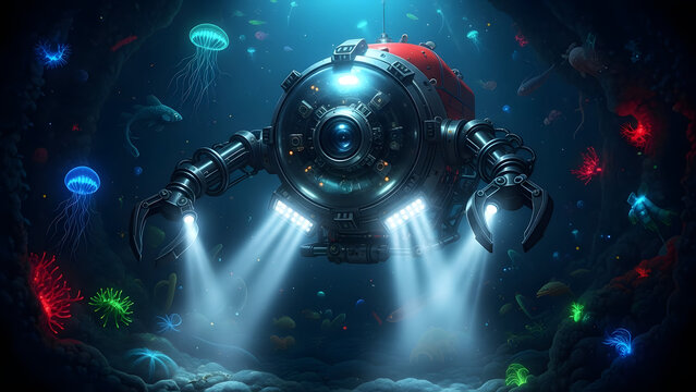 Futuristic Underwater Robotic Submarine Drone with Mechanical Claws, Large Camera Lens, and Bright Spotlights Exploring Vibrant Deep Sea Ecosystem Filled with Bioluminescent Jellyfish, Colorful Coral  - Powered by Adobe