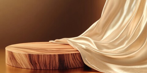 Elegant Presentation Display Featuring a Wooden Plinth Embraced by Flowing Silk for Art Showcase