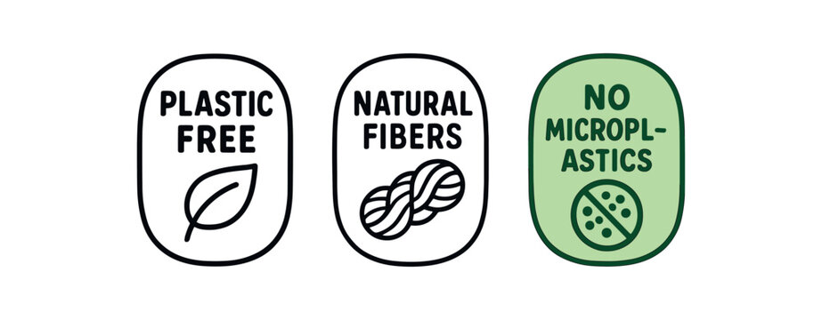 Flat vector illustration textile labels with text plastic free natural fibers no microplastics soft