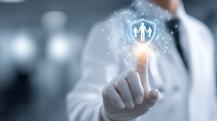 Doctor touching digital family shield icon with network connections medical healthcare