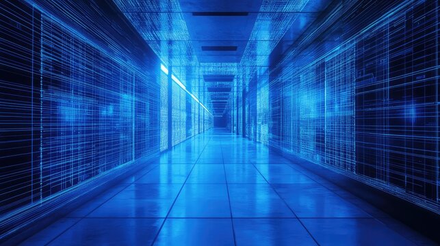 Blue glowing lines and grids illuminating a long server room pathway, representing vast data processing, network connections, artificial intelligence, and computing infrastructure - Powered by Adobe