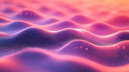 Abstract technology background showing glowing particles forming undulating waves, representing data flow, neural networks, or a complex digital landscape with vibrant colors