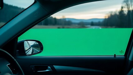 Naklejka premium Car Window with Bright Green Screen for Custom Content Driving on Road