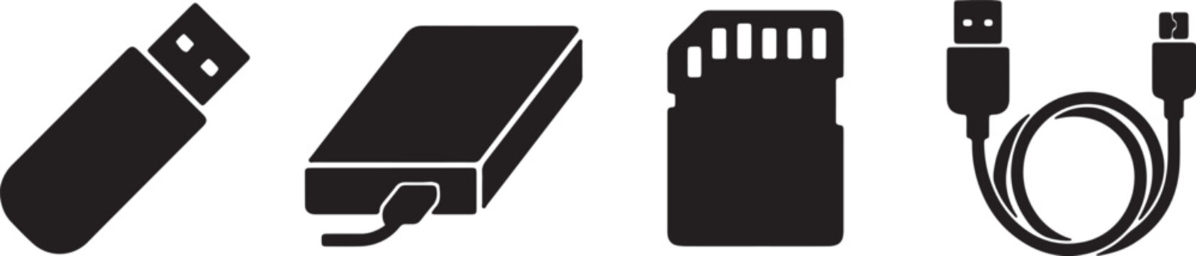 Technology Icons Including USB Drive Power Bank SD Card and Cable technology