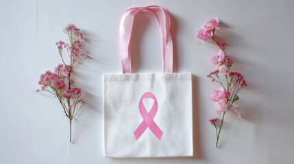 Pink Ribbon Breast Cancer Awareness Tote Bag with Flowers