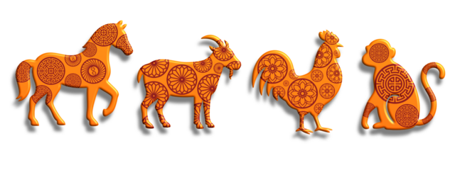 Group of five stylized golden Chinese Zodiac Animals facing left