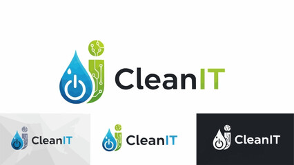 Clean IT logo design with water drop and power button icon.