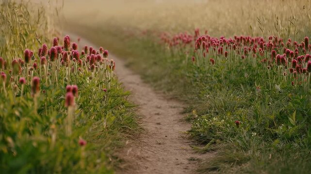 Narrow Dirt Path Through Red Clover