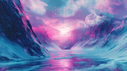 Futuristic digital landscape depicting glowing data grid structure connecting abstract mountains and reflective water, creating a vibrant artificial reality experience