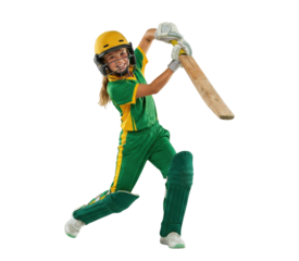 Young girl cricket player in green uniform batting isolated on white