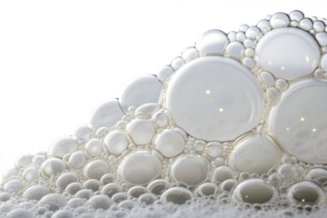 Many shiny clear white soap bubbles of varying sizes are gently rising and forming a captivating clustered pattern, perfectly isolated for transparent background use.