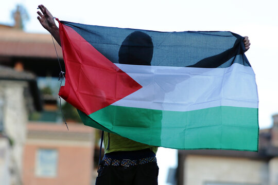 Protester Raises Palestinian Flag During Large Demonstration in Rome, Italy - October 2025