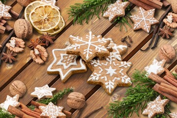 Tasty sweet chocolate chip cookies on desk