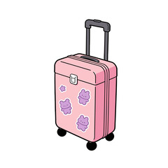 Cute Pink Suitcase with Bear Stickers Illustration: Rolling Luggage Bag for Travel, Vacation, and Trendy Fashionable Trip Packing.