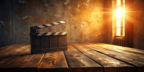 Rustic Wooden Table with Film Clapperboard and Golden Sunlight Streaming Through Window