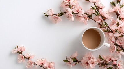 Pink blossoms frame a mug of creamy tea on a clean white background