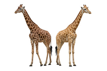 Naklejka premium Two giraffes standing back to back isolated on white background