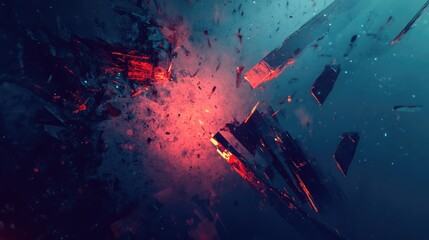 Abstract digital rendering showing geometric shards shattering and radiating a vibrant red glow across a dark blue background, creating a dynamic visual effect