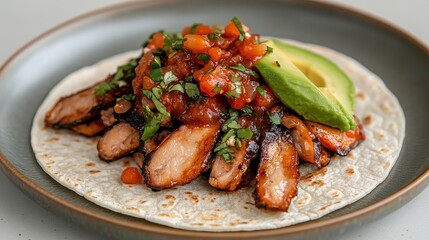 Fototapeta premium Healthy plant based taco with grilled meat, fresh salsa, avocado slices on soft tortilla.