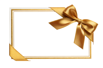 An elegant white and gold frame, intricately detailed, features a shiny golden ribbon bow neatly tied at the upper right corner.