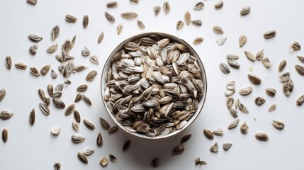 Sunflower Seeds in Bowl with Scattered Seeds on Light Background