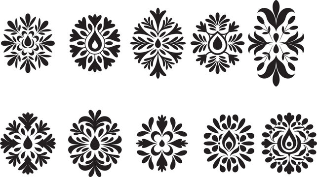 Ten Black Floral Decorative Elements on White background