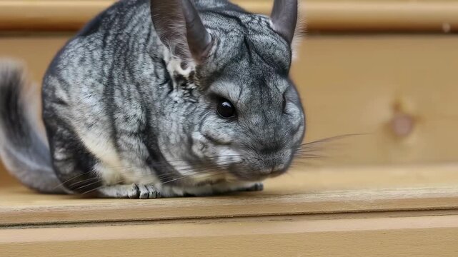 Chinchilla Exploring Low Wooden Step Closeup