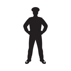 Silhouette of a person in uniform standing with hands on hips