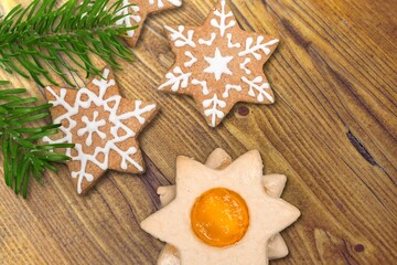 Tasty sweet chocolate chip cookies on desk