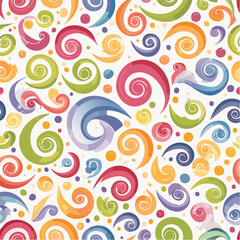 Fototapeta premium Vibrant Swirls and Dots Pattern in a Rainbow of Colors on a White Background, Abstract Decorative Design, Playful and Energetic Textile Motif