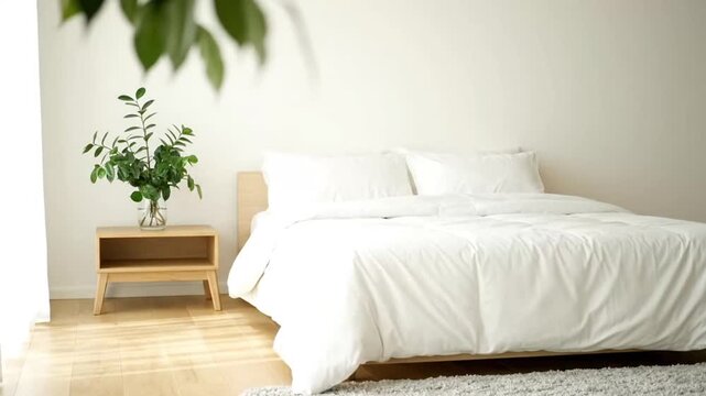 Minimalist bedroom with white bedding and fresh greenery creating a calming