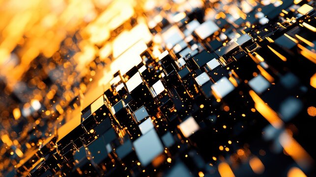 Abstract glowing blocks and dark metallic cubic structures creating a complex digital network representation, symbolizing data streaming, futuristic connection, and technological innovation - Powered by Adobe