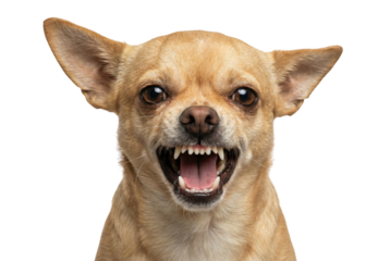 Angry Chihuahua dog baring teeth isolated on white background