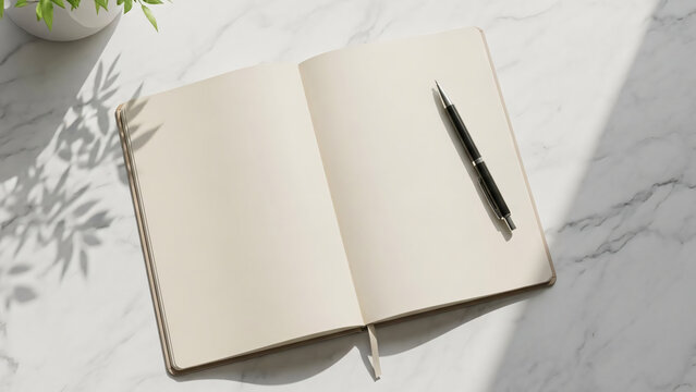 Blank Open Journal and Pen on White Marble Table with Natural Light
