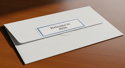 A white envelope with a welcome to label on a brown surface