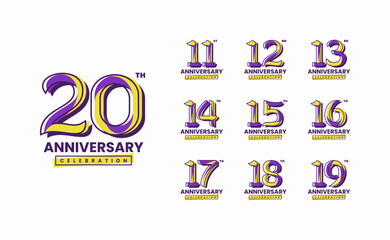 Colorful anniversary celebration logotype set. 11, 12, 13, 14, 15, 16, 17, 18, 19, 20