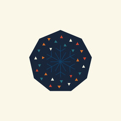 Stylized Snowflake Icon in Dodecagon Frame with Colorful Triangles on Beige Background