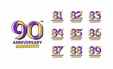 Colorful anniversary celebration logotype set. 81, 82, 83, 84, 85, 86, 87, 88, 89, 90
