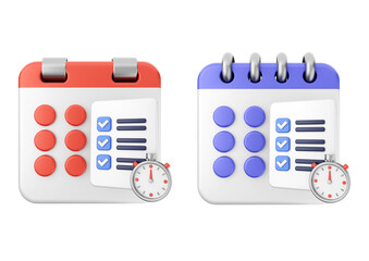 3D calendar icons with task lists and stopwatches for time management