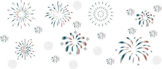 Firework Modern on white background. Festive fireworks with brightly shining sparks. New Year's Eve fireworks. Multicolored fireworks on isolated transparent background