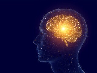 Glowing brain inside human head silhouette profile