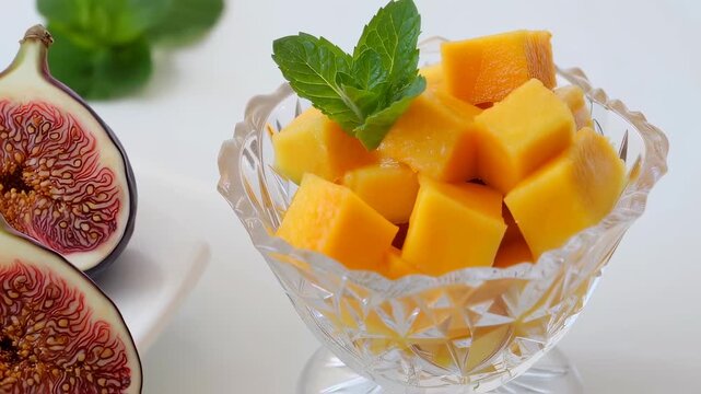 Crystal Bowl Mango Cubes With Mint