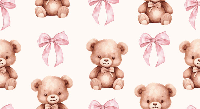 Cute seamless baby pattern with watercolor teddy bears and pink bows in soft pastel tones. Ideal for baby clothing, nursery decor, kids textiles, bedding, wallpapers, gift wrap, playful surface design