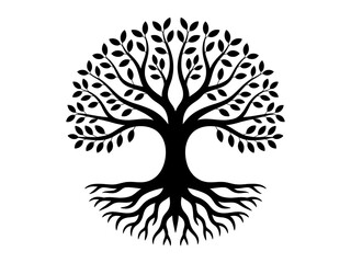 Tree of Life Silhouette with Roots and Leaves, Black Nature Symbol