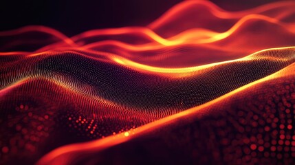 Abstract flowing particle grid creating a dynamic glowing wave pattern across a dark background, representing digital data, technology, and energy visualization