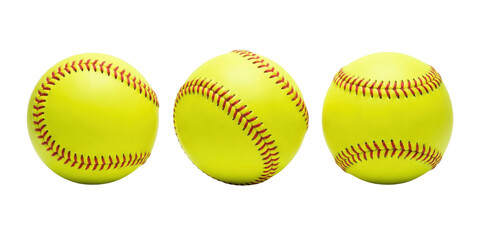 Three yellow softballs with red stitching isolated on white background