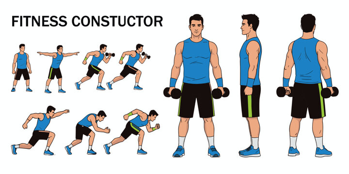 Sporty Fitness Trainer, CONSTUCTOR  Man with Dumbbells. Animated Character Constructor Set with Body Parts, Poses and Multi-View Angles. Vector Illustration.eps