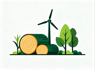 Illustration of natural renewable energy, biomass and wind turbines