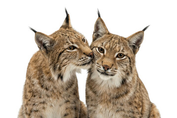 Fototapeta premium Two young lynx cuddling isolated on white background