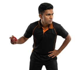 Serious young cricket bowler holding ball isolated on white background